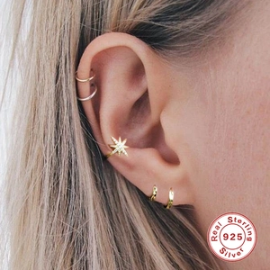 Minimalist gold S925 sterling silver star ear cuff and small hoop earrings set for women
