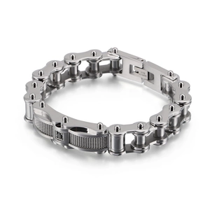 Mens stainless steel motorcycle chain bracelet with black zircon inlays and industrial style
