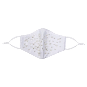 Detailed view of white satin face mask with elegant pearl embellishments and adjustable ear loops