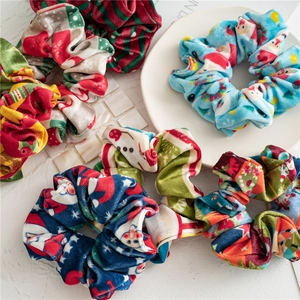 Christmas velvet hair scrunchies with Santa and tree patterns in colorful festive set