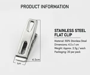 Detailed size specifications of durable stainless steel flat clips for clothes drying