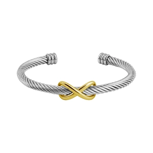 Two-tone stainless steel cable bangle with a golden infinity symbol and open design