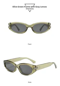 Detailansicht von olivgrünen Cat-Eye-Sonnenbrillen mit Metallnieten vorne und seitlich