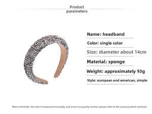 Detailed view of luxury wide sponge headband with grey rhinestones and dimensions