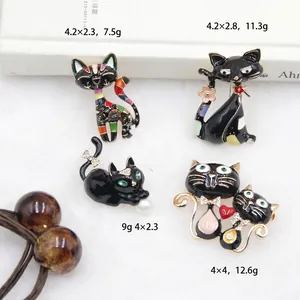 Cartoon Cat Brooch Pin Alloy Enamel Rhinestone Faux Artificial Pearl Cute Animal Lapel Badge For Women Clothing Accessories