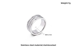Detailed macro view of 8mm wide brushed stainless steel ring with polished edges