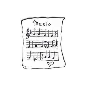 Broche artistique en émail avec partition musicale et texte Music sur fond blanc