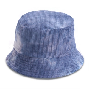 Detailed view of the tie-dye pattern and corduroy texture on this blue and white bucket hat