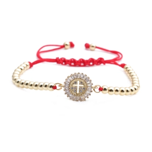 Religiöses rotes Kordelarmband mit Goldperlen und mikro-gepflastertem Zirkonia-Kreuz