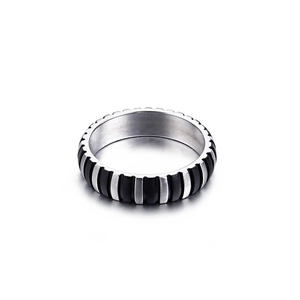 Punk style stainless steel ring with black vertical stripes and gear edge design