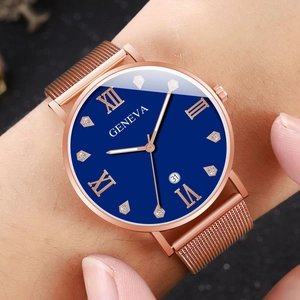 Montre à quartz pour hommes avec cadran bleu, bracelet en maille or rose et date