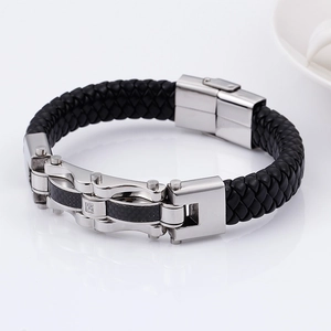 Men's braided leather bracelet with stainless steel carbon fiber inlay and zircon stone