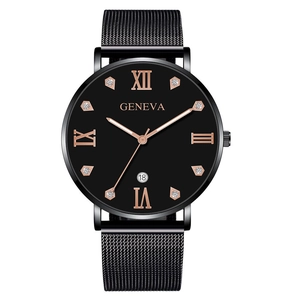 Montre Homme Quartz Affaires Bracelet En Maille Acier Inoxydable Chiffres Romains Strass Date Calendrier Mode