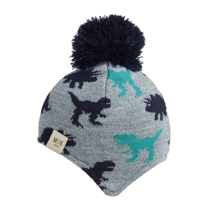 Detail of grey knitted toddler hat with blue dinosaur patterns and fluffy pompom
