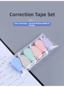 Detailed view of 6-piece pastel correction tape set in a transparent zipper bag