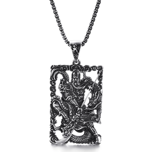Collana con pendente drago Guan Yu in acciaio inossidabile etnico finitura nero argento