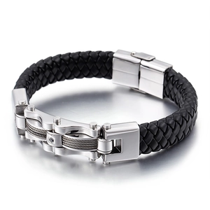 Men's braided leather bracelet with stainless steel hardware and wire rope inlay detail
