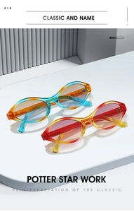 Detail of gradient oval sunglasses on a white 3D display stand with modern geometric backdrop