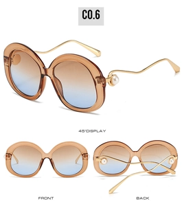 Detailed views of oval sunglasses with pearl-embellished wave-shaped metal temples