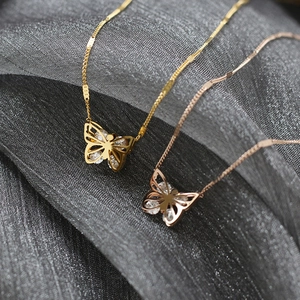 Butterfly Pendant Necklace Titanium Steel Cubic Zirconia Clamped Stone Hollow Design Gold Plated Elegant Jewelry Women