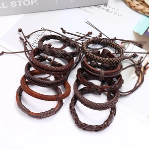 Multilayer braided leather bracelet set for men and women with adjustable pull strings