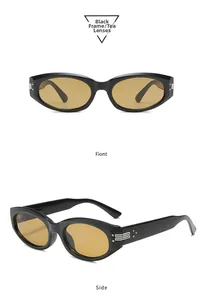 Detail der ovalen Cat-Eye-Sonnenbrille mit schwarzem Rahmen und Kreuz-Metallnieten