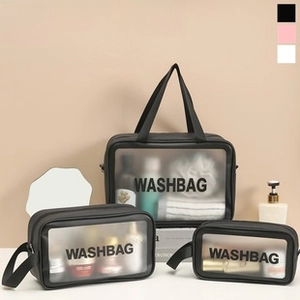 Three sizes of black semi-transparent waterproof wash bags with WASHBAG lettering