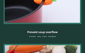 Silicone carrot-shaped lid lifter used on pot rim to prevent spill-over during cooking