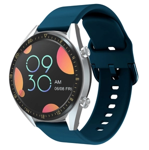 Close-up of smart watch with silver case, blue silicone strap and detailed scale dial