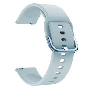 Macro shot of light blue silicone watch band with silver buckle and quick release pins