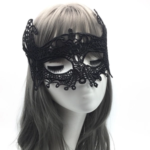 Close-up of black lace eye mask with intricate floral patterns for masquerade parties
