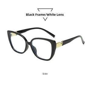 Detailed side view of black square frame sunglasses with golden V-shaped metal accent