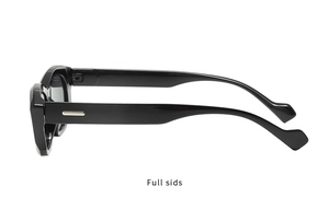 Detail view of thick black frame sunglasses with side rectangular metal accents