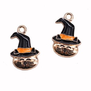 Halloween cat wizard charms in gold alloy with black and orange enamel drip for DIY crafts