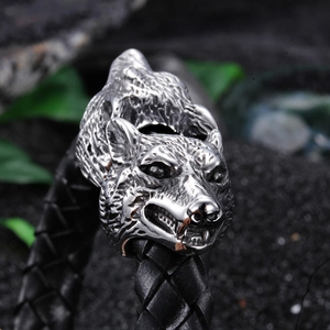 Men's stainless steel double wolf head bracelet with black braided leather rope
