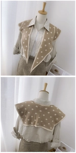 Front and back detail of beige knitted shawl with white polka dots and trimmed edges