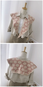 Front and back views of pink floral knitted shawl wrap on mannequin over beige shirt