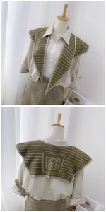 Detailed front and back views of a green and beige striped knitted collar scarf on a model