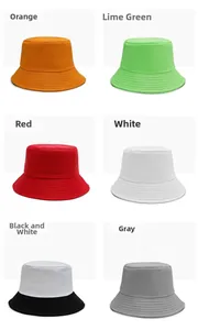 Detailed grid view of cotton bucket hats in orange, green, red, white, and bicolored designs