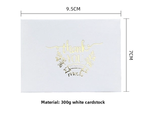 Detail of 9.5x7cm gold foil thank you card showing precise 300g cardstock dimensions