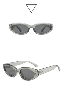 Detailansicht der transparenten grauen ovalen Sonnenbrille mit Metallakzenten und Gläsern