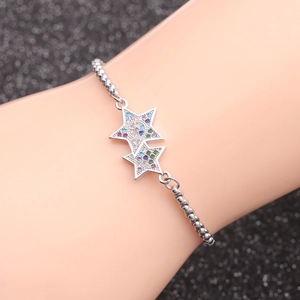Silver chain bracelet for women featuring double stars with multi-color zircon stones