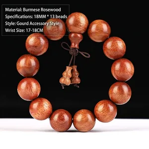 Detailansicht der 18mm Burma-Palisander Gebetskette mit kleinen Holz-Gourd-Anhängern