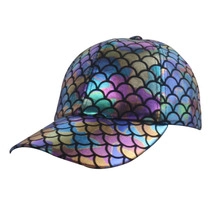 Detailed side view of the holographic fish scale pattern on the colorful baseball cap
