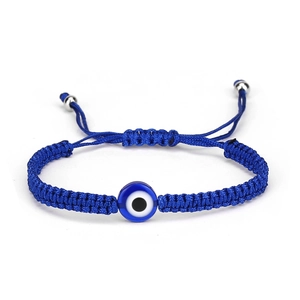 Blue evil eye bracelet with hand-woven cord and adjustable slip knot closure