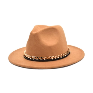 Elegant camel wool fedora hat with gold chain band and flat wide brim for women