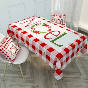 Nordic red plaid Christmas tablecloth and pillows with NOEL holly wreath festive design