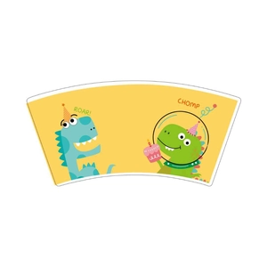 Detail of green and cyan cartoon dinosaur design on yellow paper cup for kids party