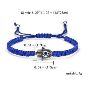 Detailed size chart showing adjustable 16-28cm blue braided Evil Eye bracelet with dimensions