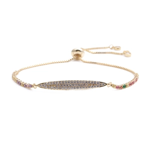 Adjustable gold chain bracelet with marquee-shaped micro-pave cubic zirconia and rainbow gems